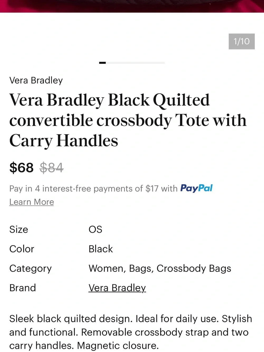 Vera Bradley Black Quilted Tote Bag with Top Handles